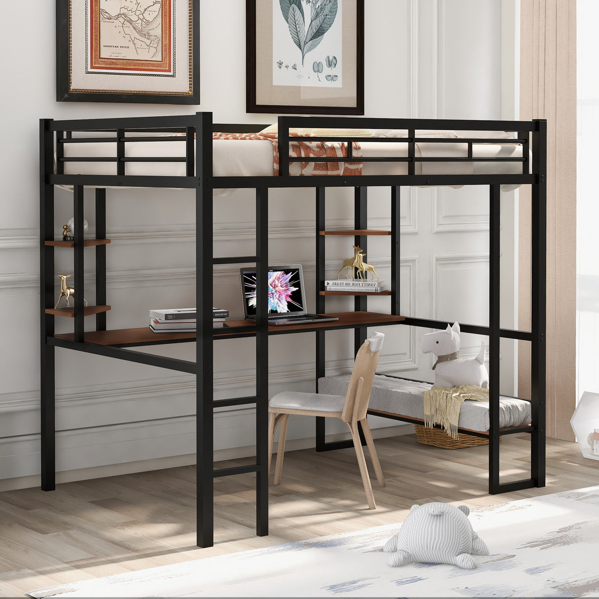 Full Size Loft Metal&MDF Bed with Long Desk and Shelves,Black - Home Elegance USA