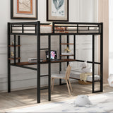 Full Size Loft Metal&MDF Bed with Long Desk and Shelves,Black - Home Elegance USA