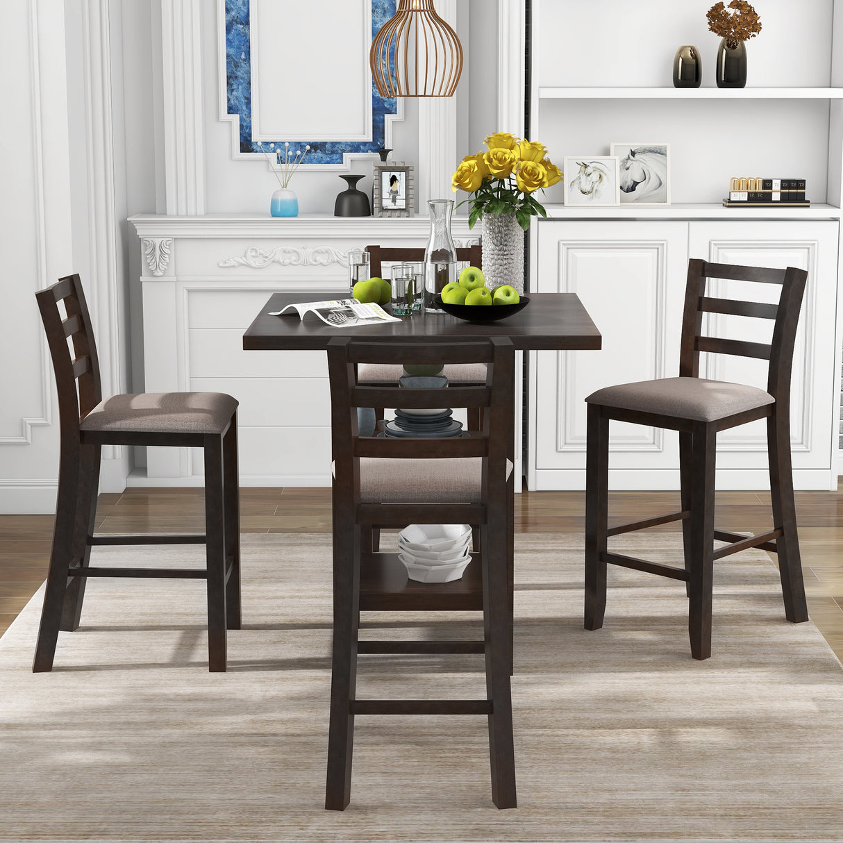 TREXM 5-Piece Wooden Counter Height Dining Set with Padded Chairs and Storage Shelving (Espresso) - Home Elegance USA