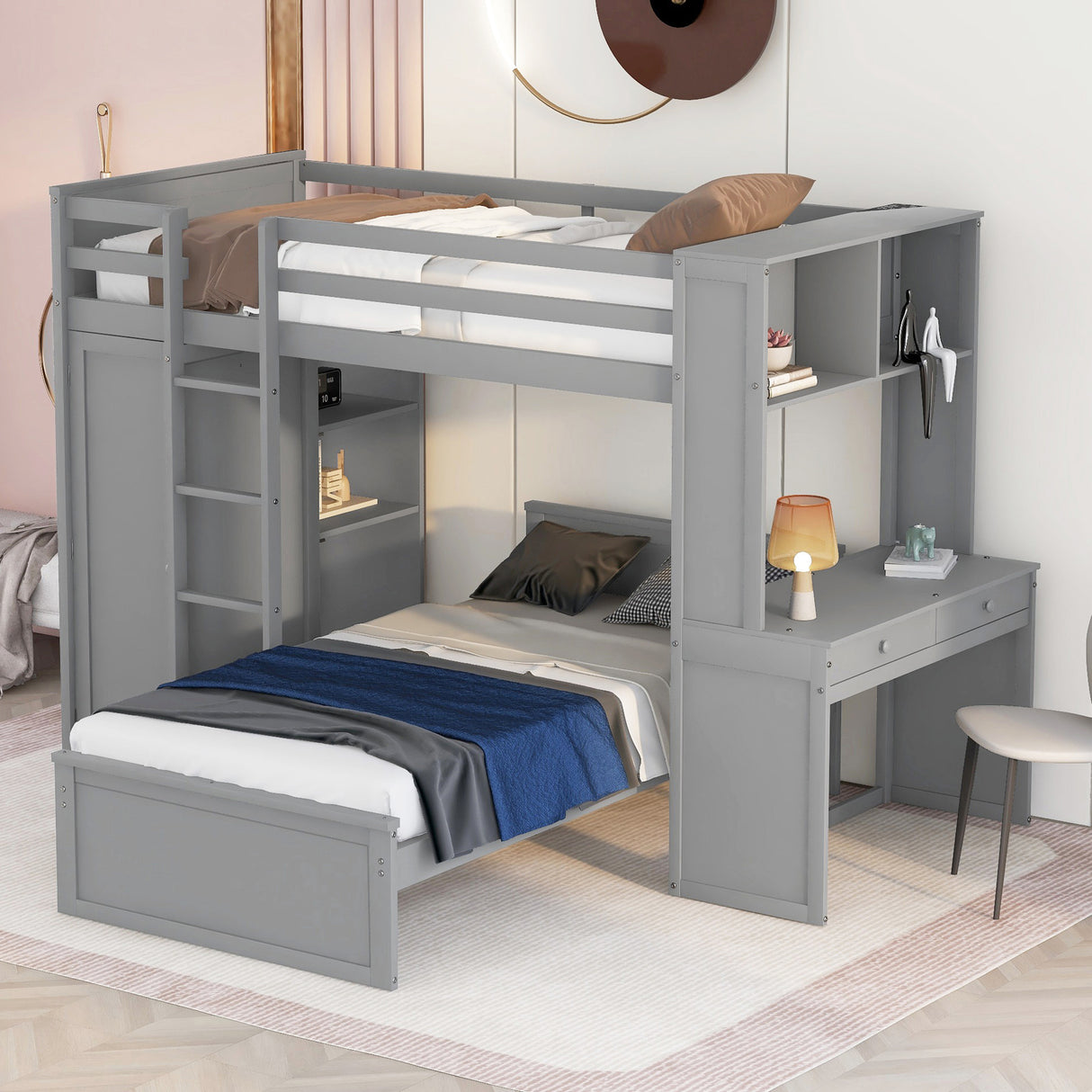 Twin size Loft Bed with a Stand-alone bed, Shelves,Desk,and Wardrobe-Gray - Home Elegance USA