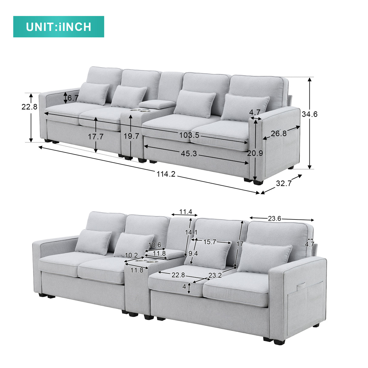 [VIDEO provided] [New] 114.2" Upholstered Sofa with Console, 2 Cupholders and 2 USB Ports Wired or Wirelessly Charged, Modern Linen Fabric Couches with 4 Pillows for Living Room, Apartment (4-Seat) Home Elegance USA