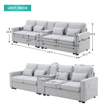 [VIDEO provided] [New] 114.2" Upholstered Sofa with Console, 2 Cupholders and 2 USB Ports Wired or Wirelessly Charged, Modern Linen Fabric Couches with 4 Pillows for Living Room, Apartment (4-Seat) Home Elegance USA