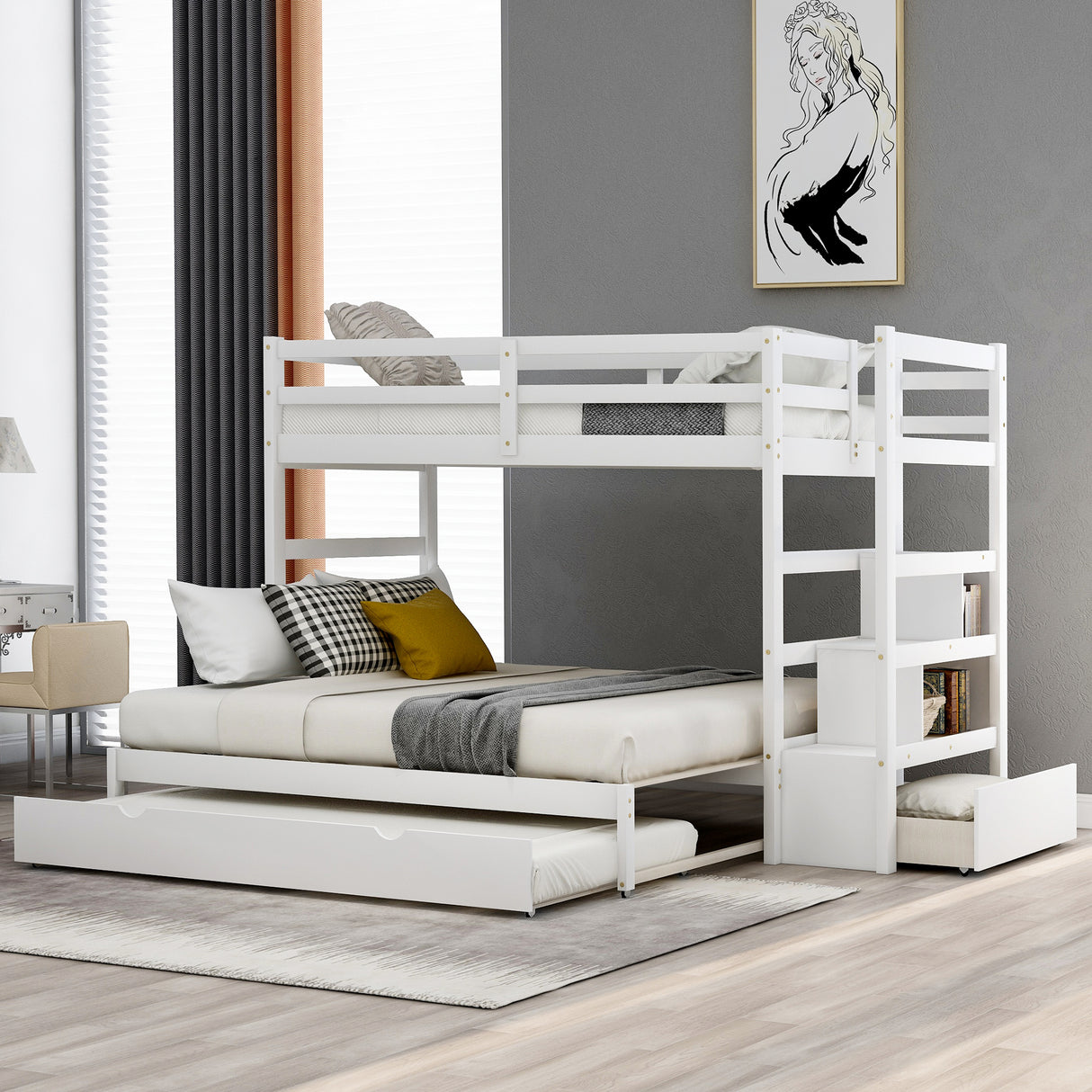 Twin over Twin/King (Irregular King Size) Bunk Bed with Twin Size Trundle, Extendable Bunk Bed   (White)(OLD SKU :LP000032AAK) - Home Elegance USA