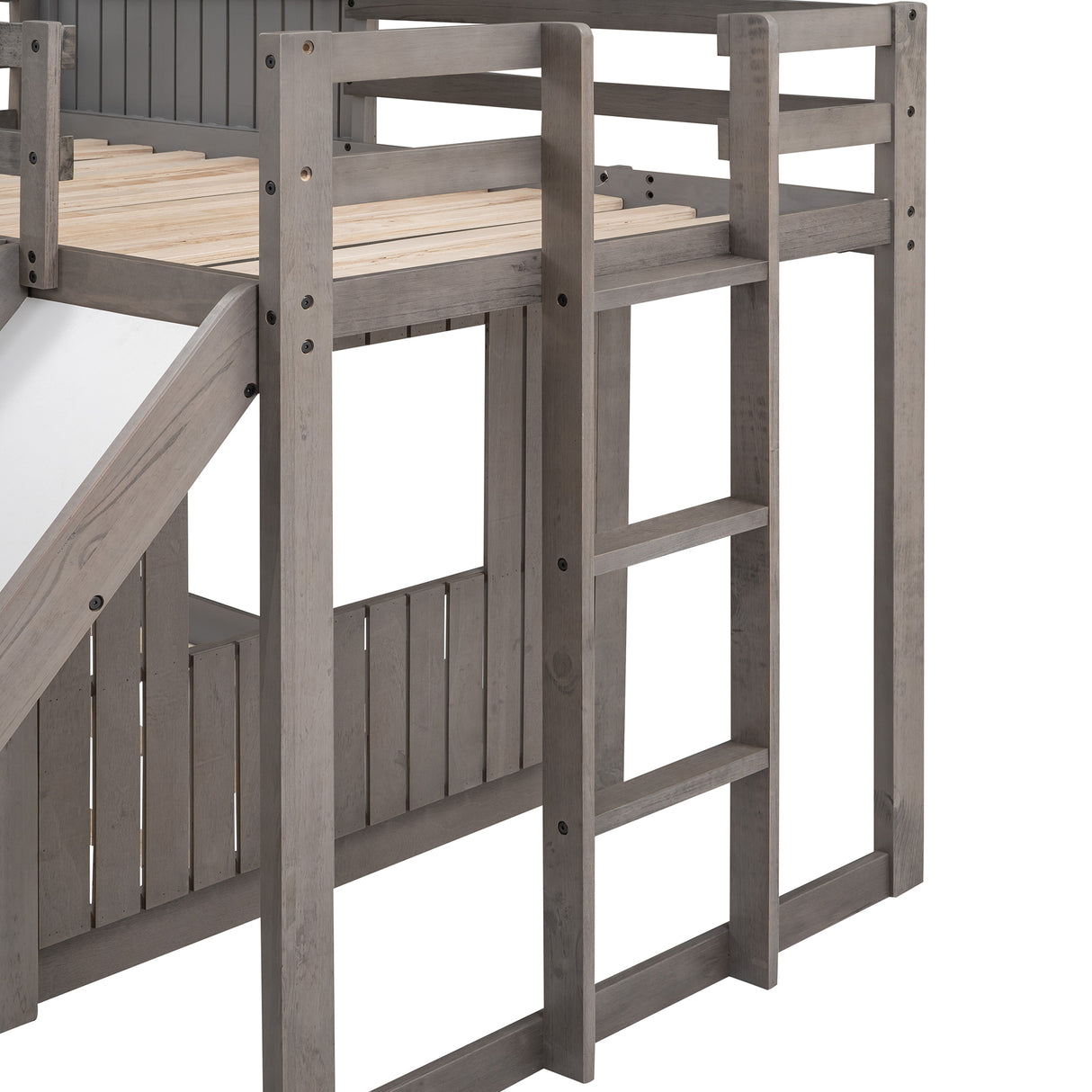 Wooden Twin Over Full Bunk Bed, Loft Bed with Playhouse, Farmhouse, Ladder, Slide and Guardrails, Antique Gray(OLD SKU :LT000028AAE) - Home Elegance USA