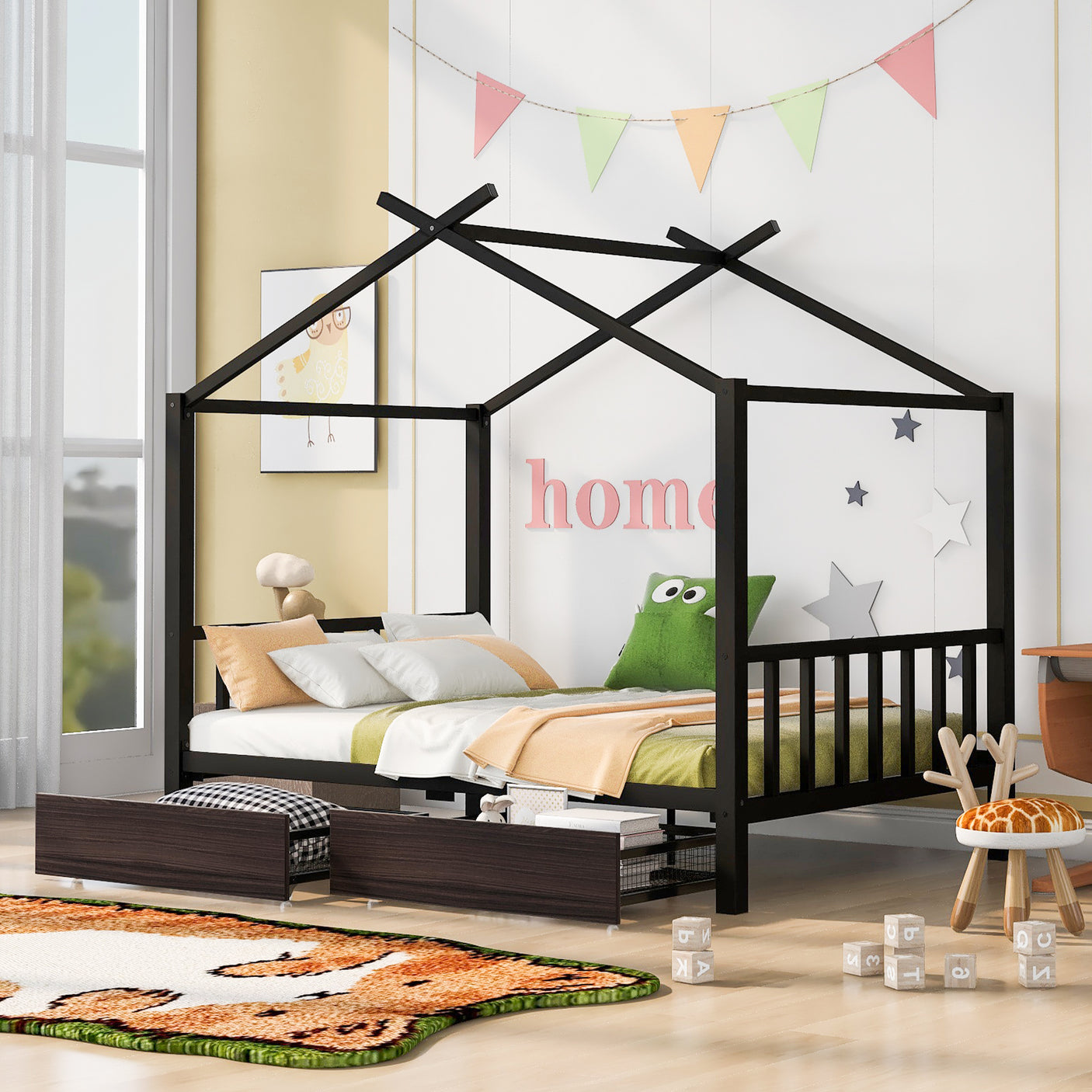 Full Size Metal House Platform Bed with Two Drawers,Headboard and Footboard,Roof Design,Black - Home Elegance USA