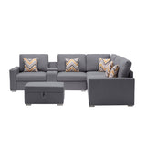 Nolan Gray Linen Fabric 7Pc Reversible Sectional Sofa with Interchangeable Legs, Pillows, Storage Ottoman, and a USB, Charging Ports, Cupholders, Storage Console Table - Home Elegance USA