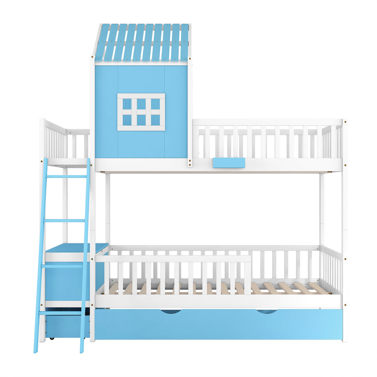 Twin over Twin Bunk Bed with Twin Size Trundle , Farmhouse Bed with Storage Box and Drawer - Blue - Home Elegance USA