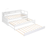 Twin XL Wood Daybed with 2 Trundles, 3 Storage Cubbies, 1 Light for Free and USB Charging Design, White - Home Elegance USA