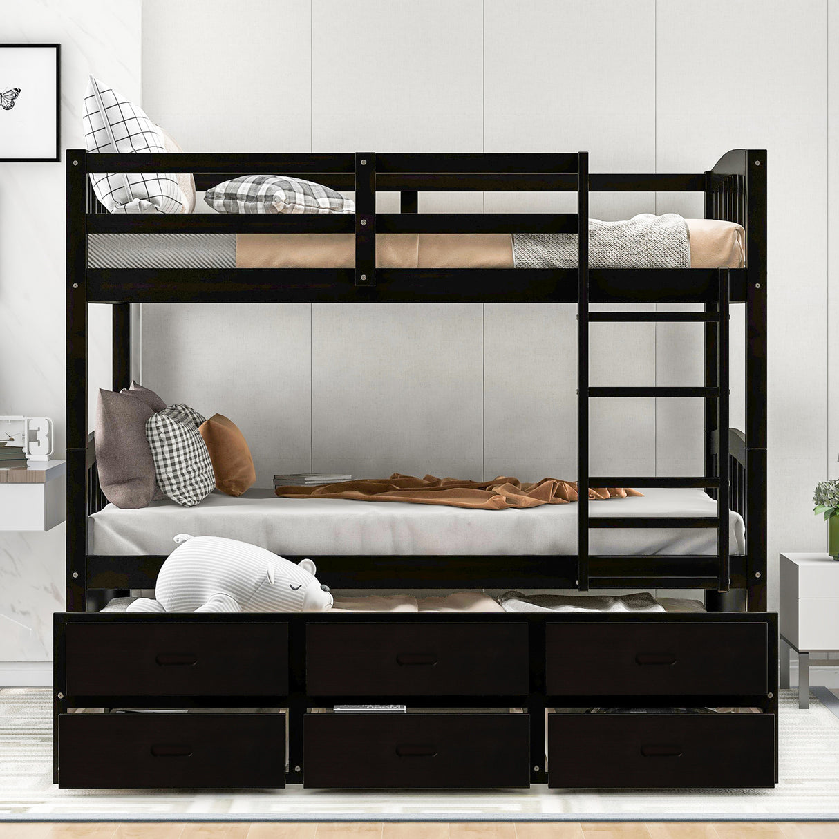 Twin over Twin Wood Bunk Bed with Trundle and Drawers, Espresso - Home Elegance USA