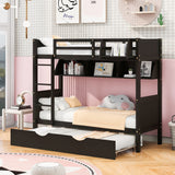 Twin-Over-Twin Bunk Bed with Twin size Trundle , Separable Bunk Bed with Bookshelf for Bedroom -Espresso - Home Elegance USA