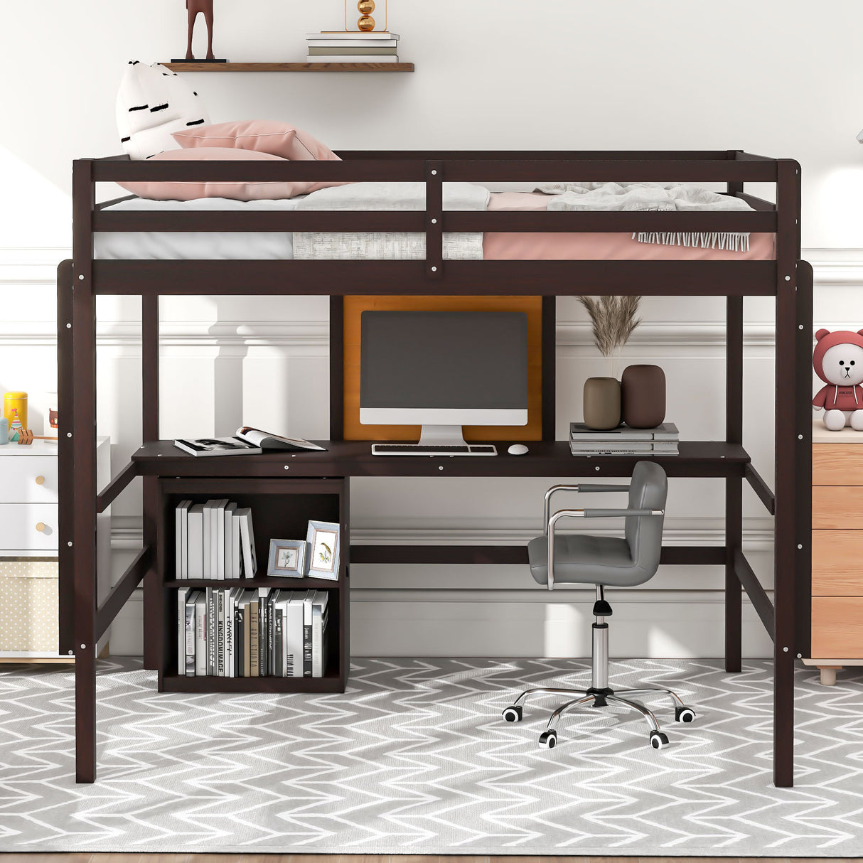 Full size Loft Bed with Desk and Writing Board, Wooden Loft Bed with Desk & 2 Drawers Cabinet- Espresso - Home Elegance USA