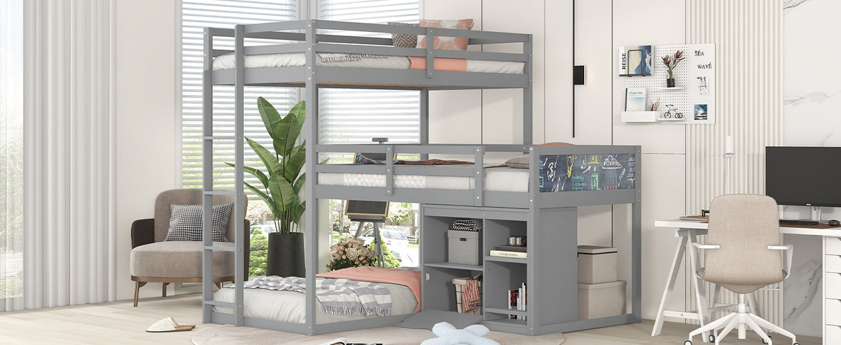 L-shaped Wood Triple Twin Size Bunk Bed with Storage Cabinet and Blackboard, Ladder, Gray - Home Elegance USA