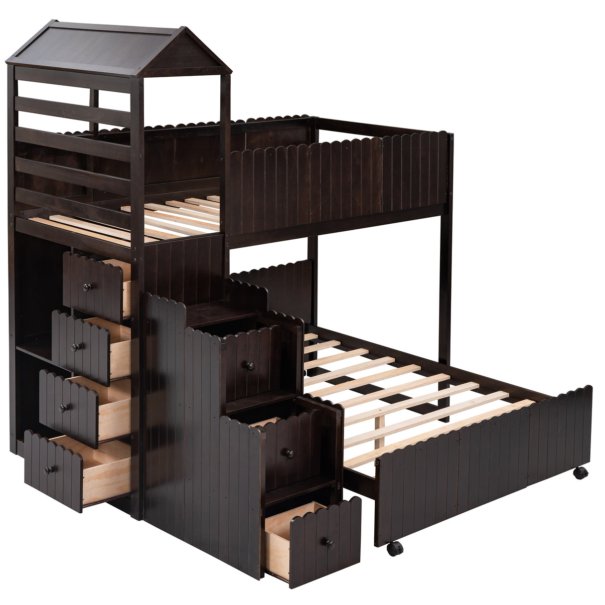 Stairway Twin Over Full Bunk Bed, House Bed with Two Shelves and Seven Drawers,Espresso - Home Elegance USA