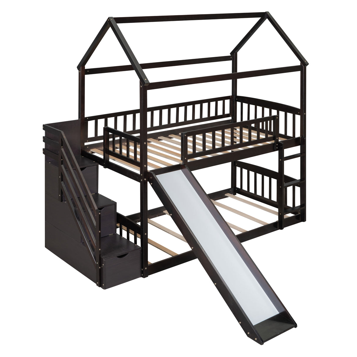 Twin Over Twin Bunk Bed with Drawers and Slide, House Bed with Slide,Espresso(OLD SKU :LT000215AAP) - Home Elegance USA