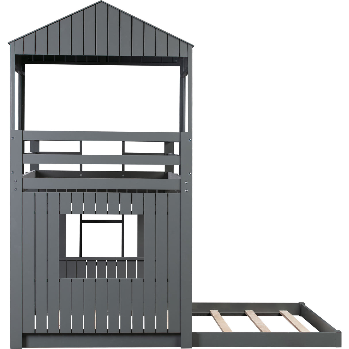 Wooden Twin Over Full Bunk Bed, Loft Bed with Playhouse, Farmhouse, Ladder and Guardrails , Gray( old sku: LP000027AAN ) - Home Elegance USA