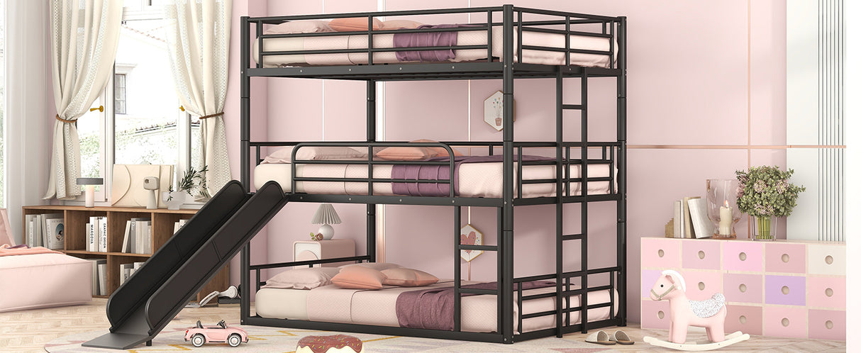 Full Size Metal Bunk Bed with Ladders and Slide, Divided into One Platform and Loft Bed, Black - Home Elegance USA