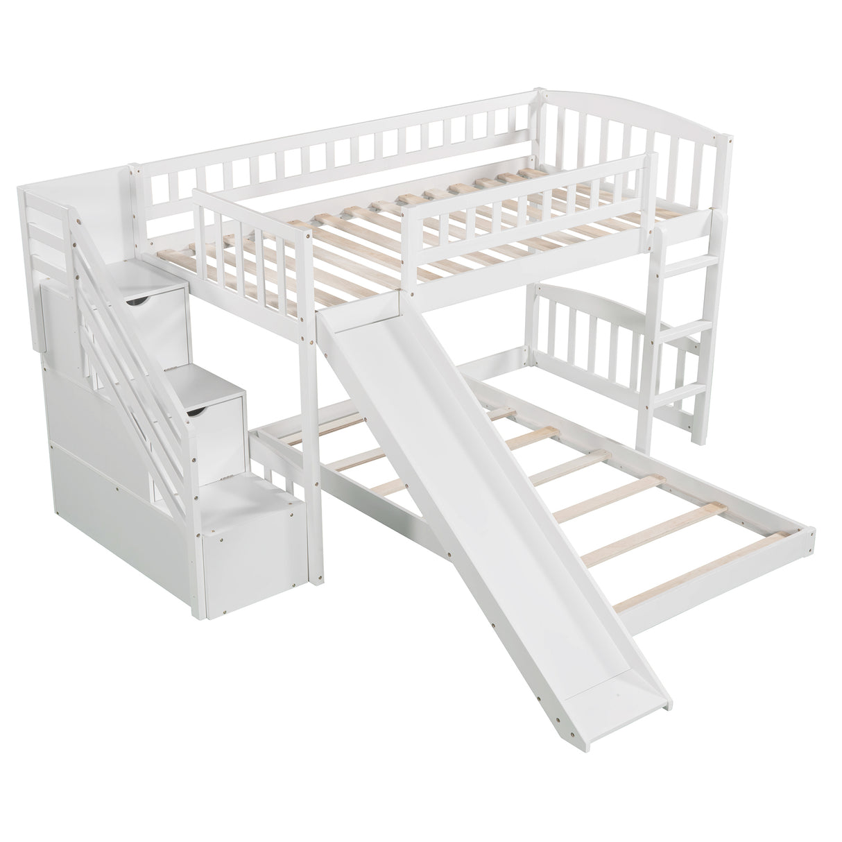 Stairway Twin over Twin Bunk Bed with Two Drawers and Slide, White(OLD SKU :LP000156AAK) - Home Elegance USA