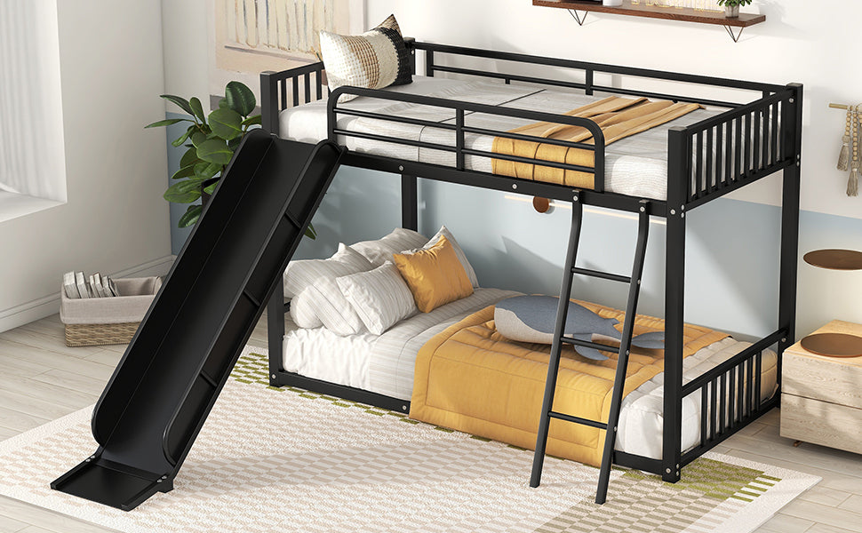 Metal Bunk Bed with Slide, Twin over Twin, Black - Home Elegance USA