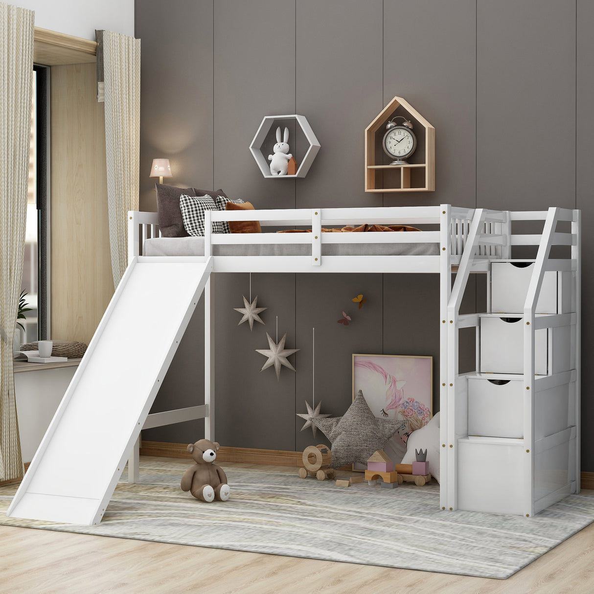 Twin Size Loft Bed with Storage and Slide, White - Home Elegance USA