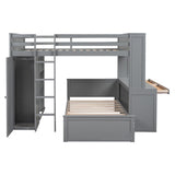 Full size Loft Bed with a twin size Stand-alone bed, Shelves,Desk,and Wardrobe-Gray - Home Elegance USA