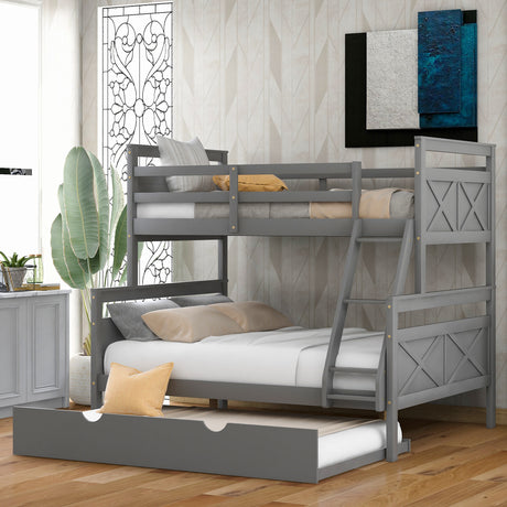 Twin over Full Bunk Bed with Ladder, Twin Size Trundle, Safety Guardrail, Gray - Home Elegance USA