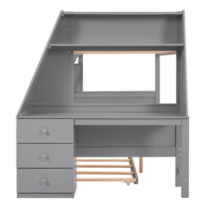 Twin over Full Bunk Bed with Trundle and Built-in Desk, Three Storage Drawers and Shelf,Gray - Home Elegance USA