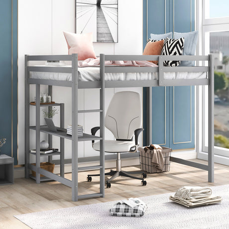 Full Size Loft Bed with Built-in Desk and Shelves,Gray - Home Elegance USA