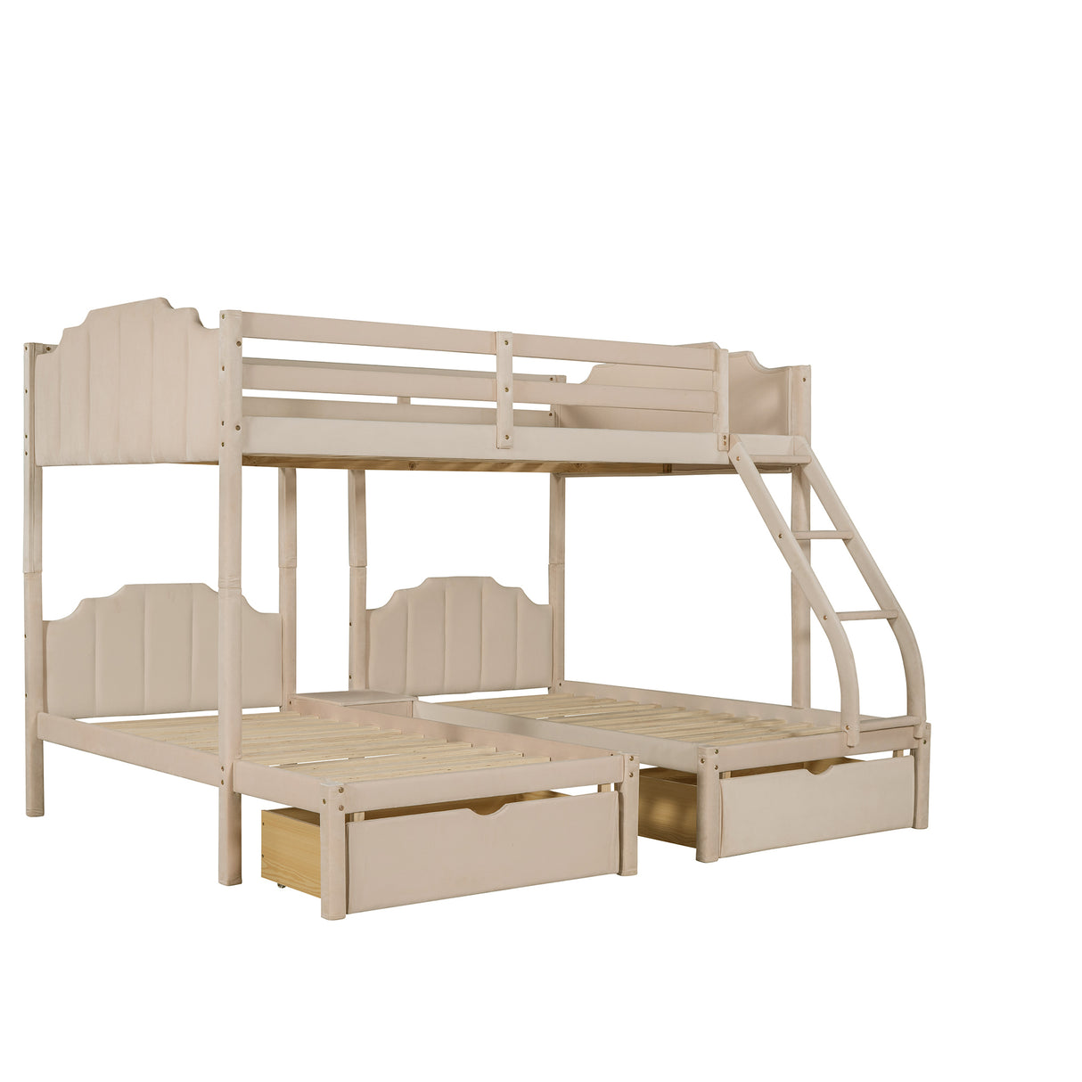 Full Over Twin & Twin Bunk Bed, Velvet Triple Bunk Bed with Drawers and Guardrails, Beige - Home Elegance USA