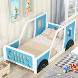 Twin Size Classic Car-Shaped Platform Bed with Wheels,Blue - Home Elegance USA