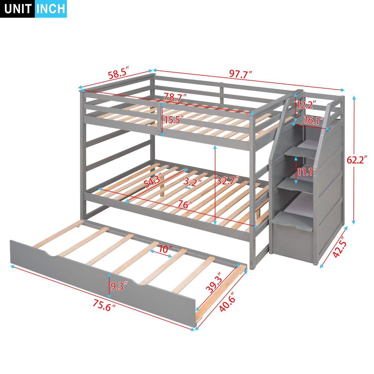 Full-over-Full Bunk Bed with Twin Size Trundle and 3 Storage Stairs,Gray - Home Elegance USA