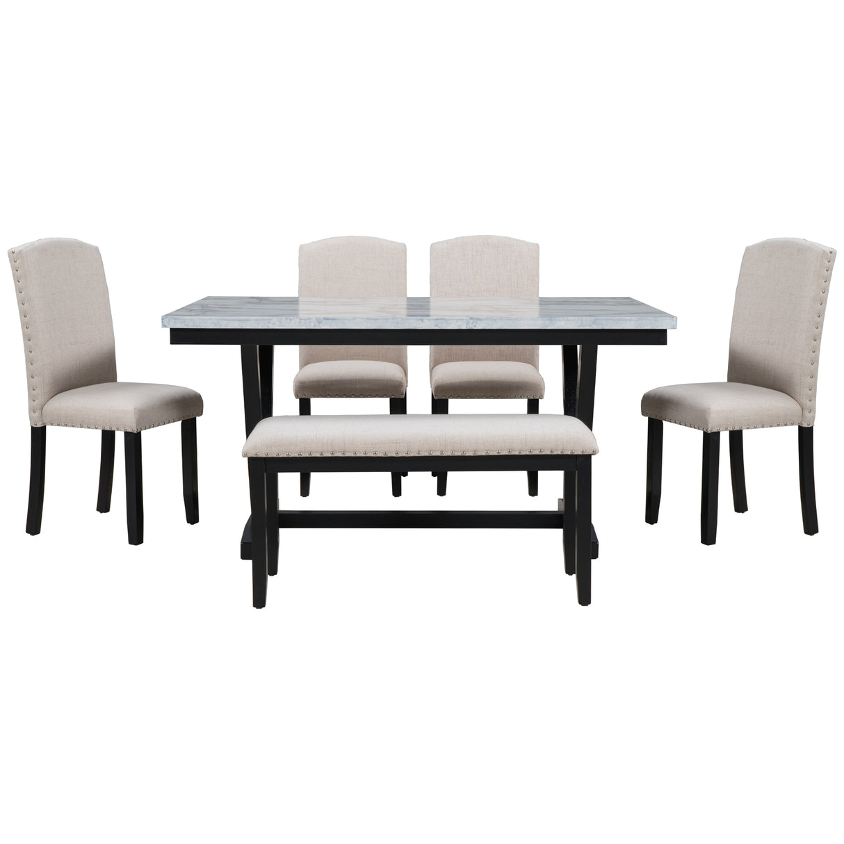 TREXM Modern Style 6-piece Dining Table with 4 Chairs & 1 Bench, Table with Marbled Veneers Tabletop and V-shaped Table Legs (White) - Home Elegance USA