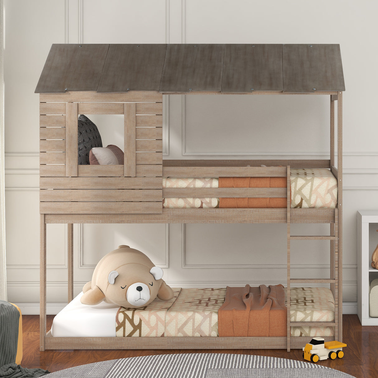 Twin Over Twin Bunk Bed Wood Loft Bed with Roof, Window, Guardrail, Ladder (Antique Gray) (OLD SKU :LP000062AAN) - Home Elegance USA