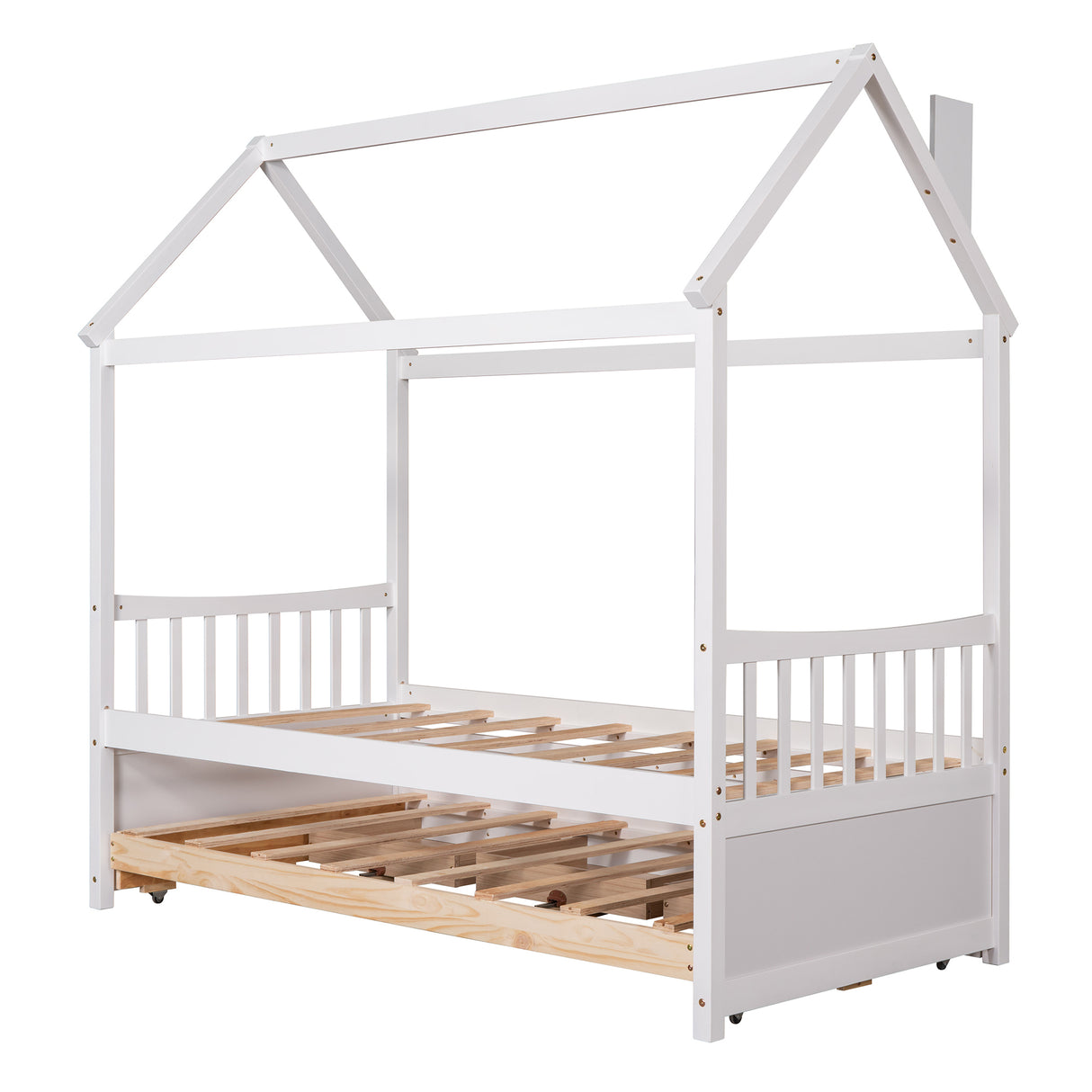 Twin size Wooden House Bed with Trundle and 3 Storage Drawers-White - Home Elegance USA