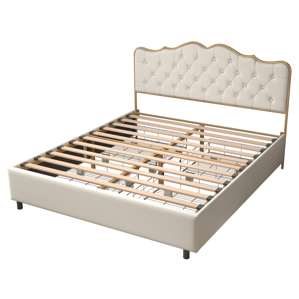Classic buckle backrest, metal frame, solid wood ribs, with four storage drawers, sponge soft bag, comfortable and elegant atmosphere, white, Qeen-size, sleeping bed - Home Elegance USA