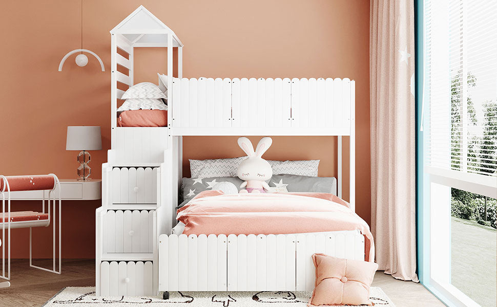 Stairway Twin Over Full Bunk Bed, House Bed with Two Shelves and Seven Drawers,White - Home Elegance USA