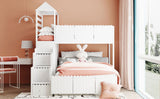 Stairway Twin Over Full Bunk Bed, House Bed with Two Shelves and Seven Drawers,White - Home Elegance USA