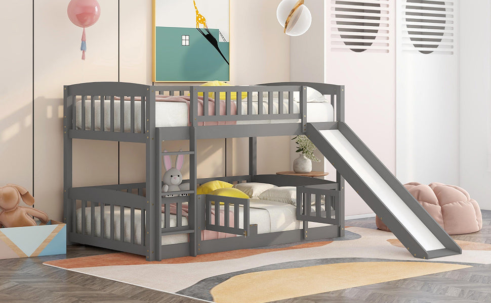 Bunk Bed with Slide,Twin Over Twin Low Bunk Bed with Fence and Ladder for Toddler Kids Teens Grey - Home Elegance USA