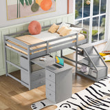 Twin Size Loft Bed with Multifunctional Movable Built-in Desk and and Staircase,Gray(OLD SKU:GX000925AAK) - Home Elegance USA