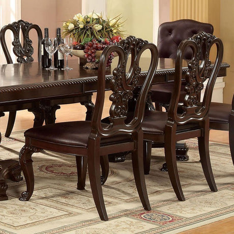 Traditional Intricate Back Design Set of 2 Side Chairs Brown Cherry Solid wood Chair Padded Leatherette Seat Kitchen Dining Room Furniture - Home Elegance USA