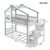 Stairway Twin-Over-Twin Bunk Bed,House Bed,Storage and Guard Rail,Gray Bed +White Stair - Home Elegance USA