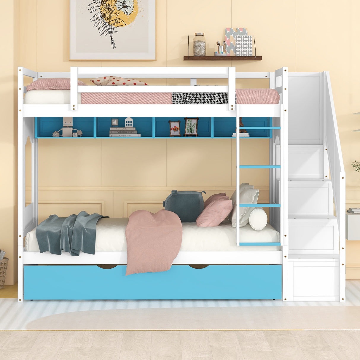 Twin Over Twin Bunk Bed with Trundle ,Stairs,Ladders Solid Wood Bunk bed with Storage Cabinet （White + Blue） - Home Elegance USA