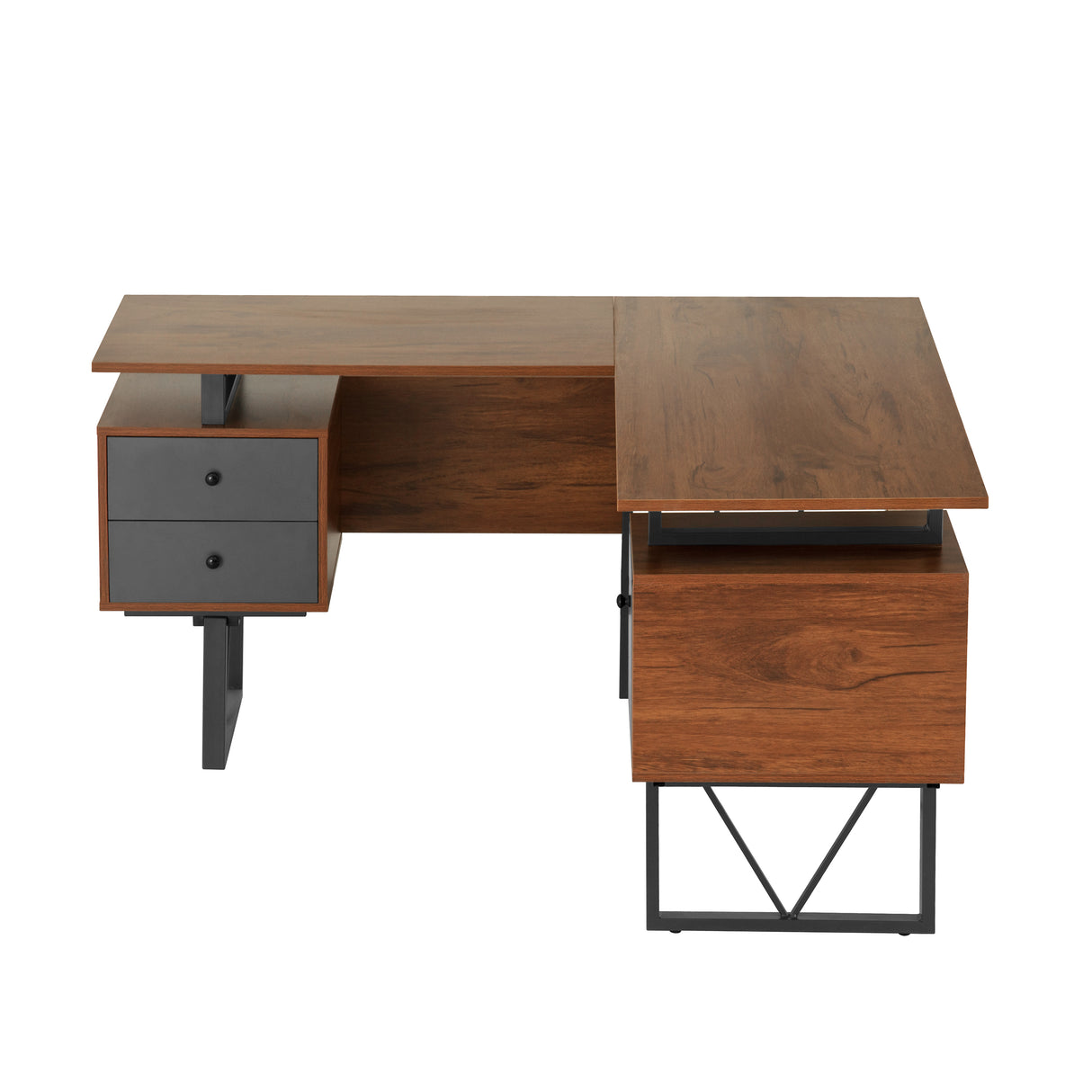 Techni Mobili Reversible L-Shape Computer Desk with Drawers and File Cabinet, Walnut - Home Elegance USA