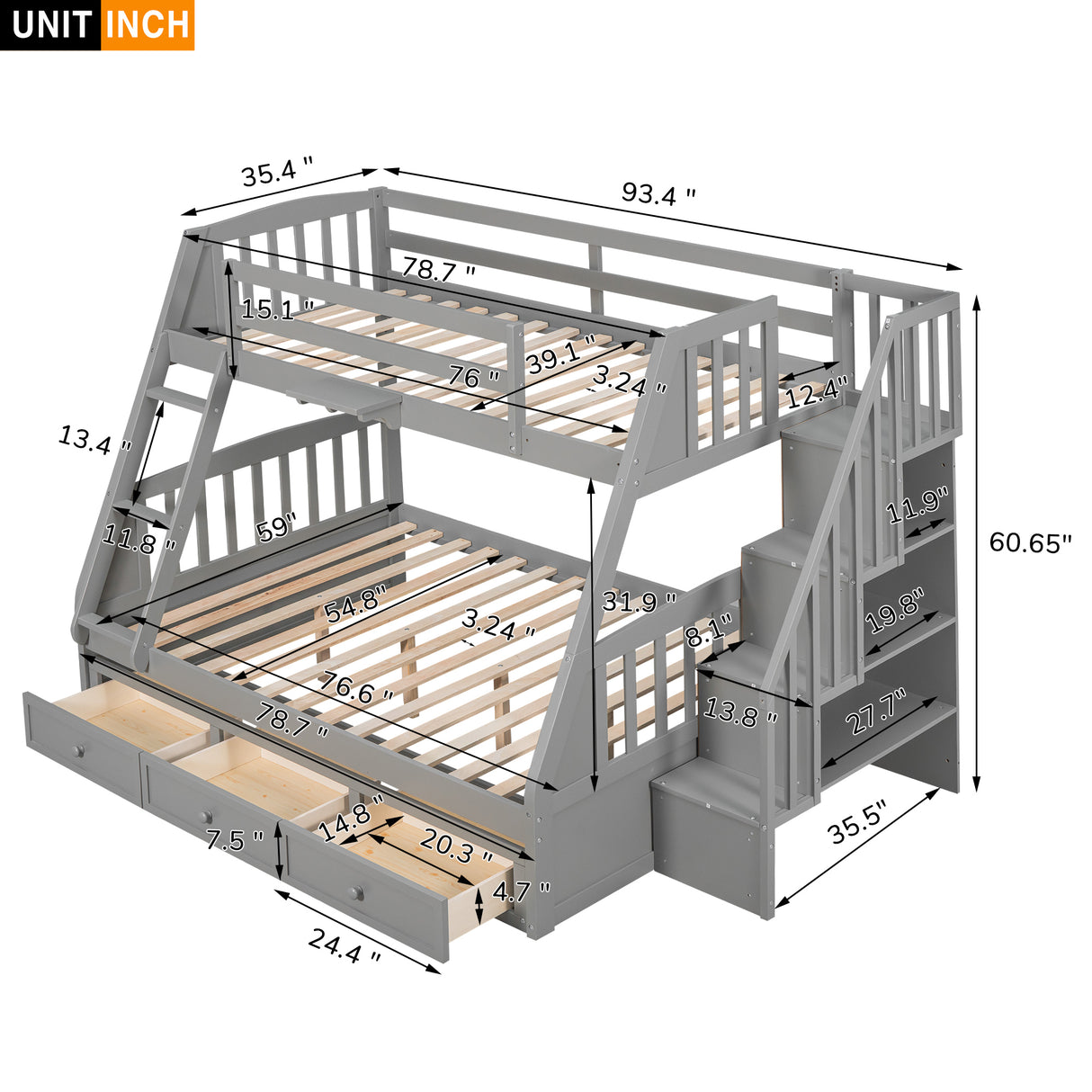 Twin-Over-Full Bunk Bed with Drawers，Ladder and Storage Staircase, Gray - Home Elegance USA