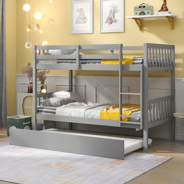 Twin Over Twin Bunk Beds with Trundle, Solid Wood Trundle Bed Frame with Safety Rail and Ladder, Kids/Teens Bedroom, Guest Room Furniture, Can Be converted into 2 Beds,Grey (Old Sku:W504S00027) - Home Elegance USA