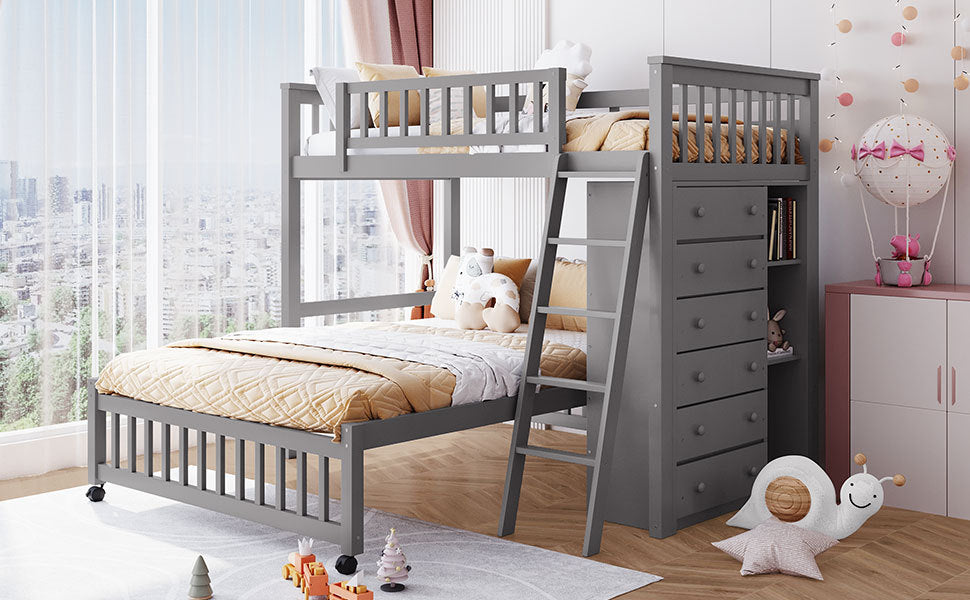 Wooden Twin Over Full Bunk Bed With Six Drawers And Flexible Shelves,Bottom Bed With Wheels,Gray(OLD SKU:LP000531AAE) - Home Elegance USA
