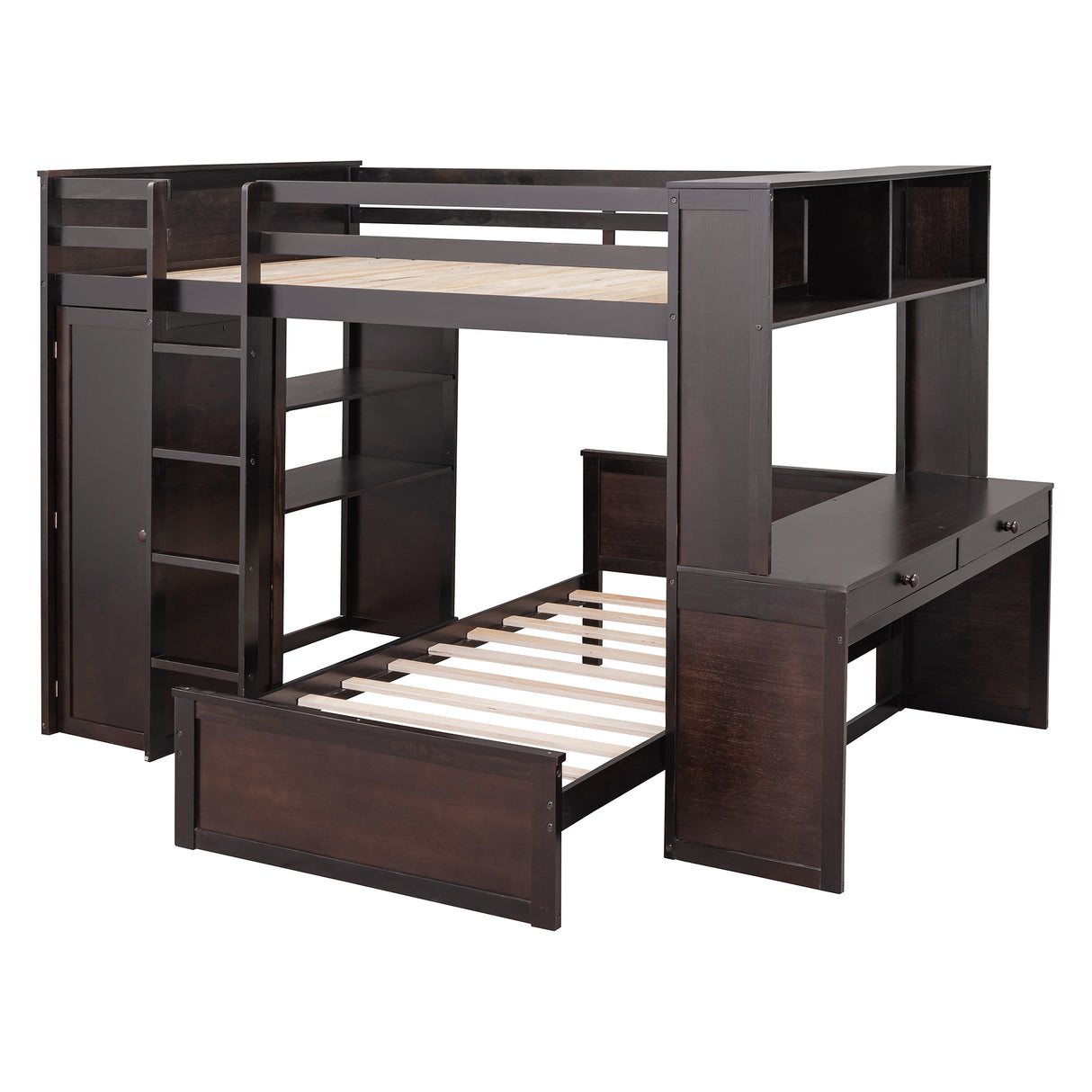 Full size Loft Bed with a twin size Stand-alone bed, Shelves,Desk,and Wardrobe-Espresso - Home Elegance USA