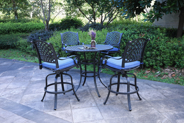 Round 4 - Person 42" Long Aluminum Bar Height Dining Set with Cushions, Navy Blue