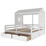 Twin Size House Platform Beds with Two Drawers for Boy and Girl Shared Beds, Combination of 2 Side by Side Twin Size Beds, White - Home Elegance USA