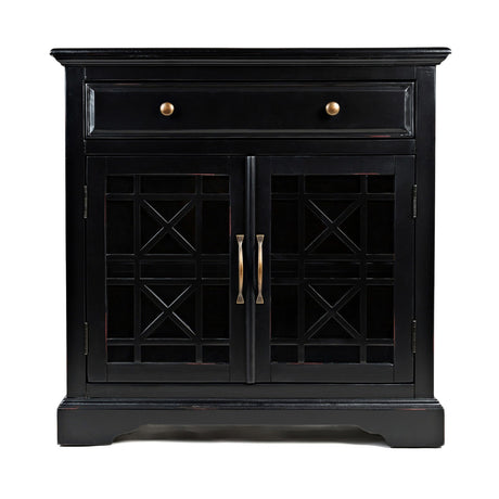 Craftsman Series 32 Inch Wooden Accent Cabinet with Fretwork Glass Front, Black - Home Elegance USA