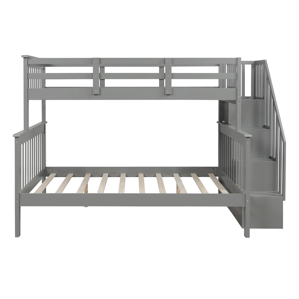 Stairway Twin-Over-Full Bunk Bed with Storage and Guard Rail for Bedroom, Dorm, fo Adults, Gray color - Home Elegance USA